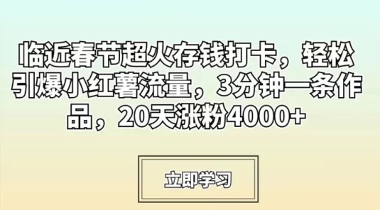 临近春节超火存钱打卡，轻松引爆小红薯流量，3 分钟一条作品，20 天涨粉 4000+