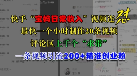快手“宝妈日常收入”视频连怼，一个小时制作20条视频，评论区上千个“求带”，一条视频引流 200+ 精准创业粉